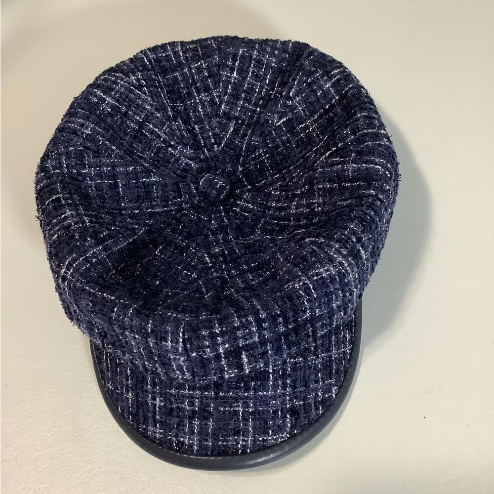Plaid newsboy hat with faux leather trim